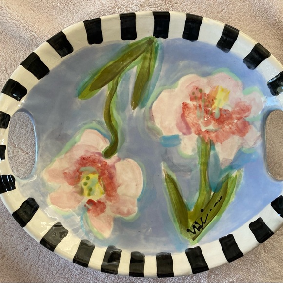 Handmade Ceramic Pink Flowers Design Tray w/ Handles 11”x9.5” Original - Picture 11 of 14